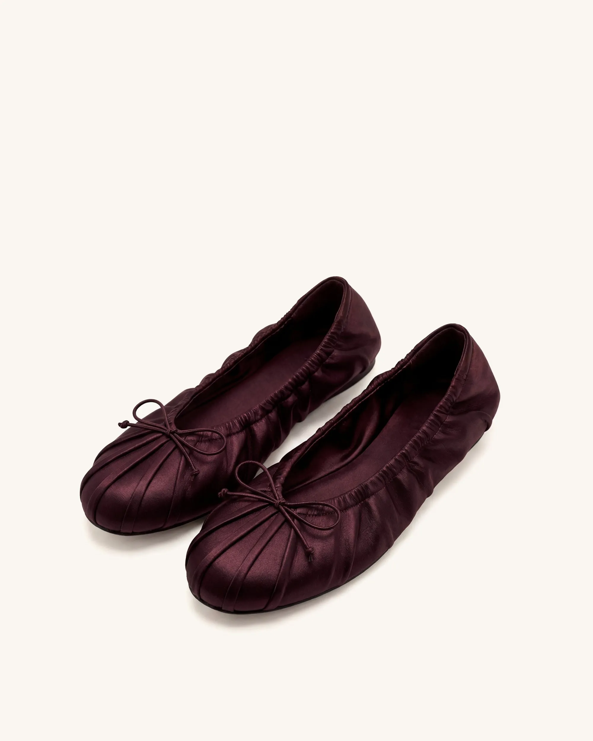 Elara Ruched Drawstring Satin Ballet Flats - Burgundy sold by JW PEI