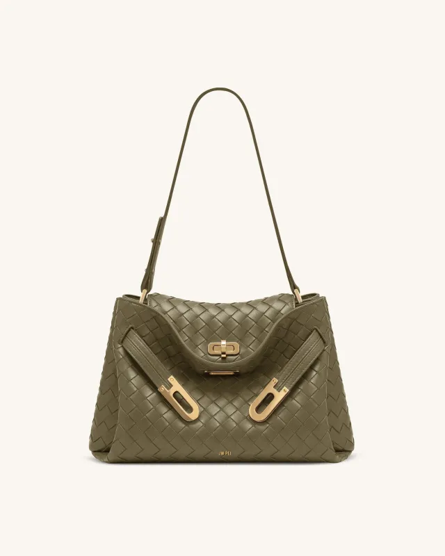 Rhea Woven Texture Double Buckle Shoulder Bag - Olive Green made by JW PEI
