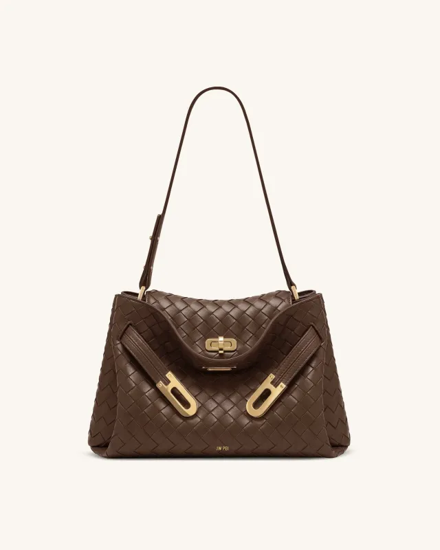 Rhea Woven Texture Double Buckle Shoulder Bag - Brown made by JW PEI