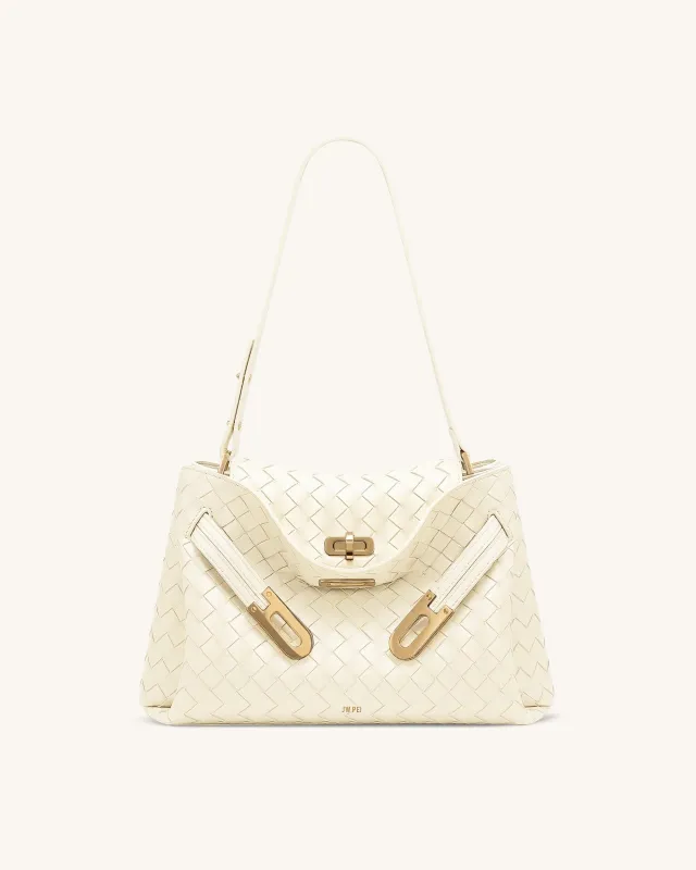 Rhea Woven Texture Double Buckle Shoulder Bag - Off White made by JW PEI