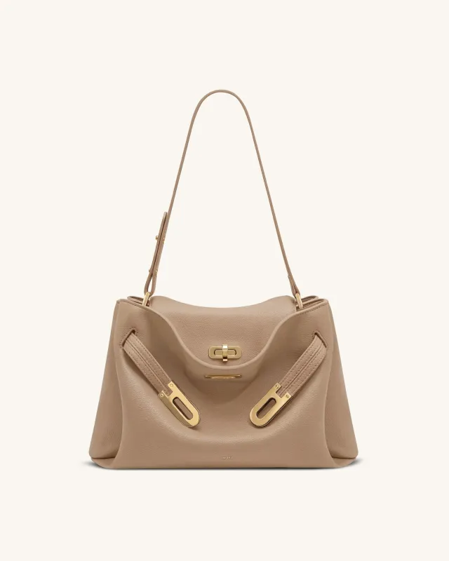 Rhea Pebbled Double Buckle Shoulder Bag - Khaki made by JW PEI