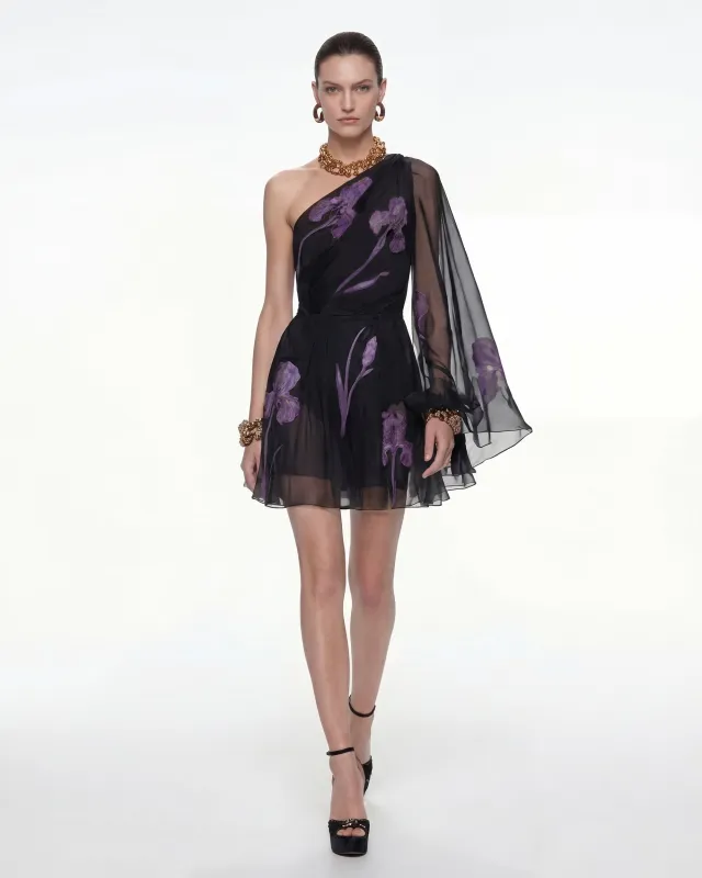 One Shoulder Floral Mesh Dress - Black made by JW PEI