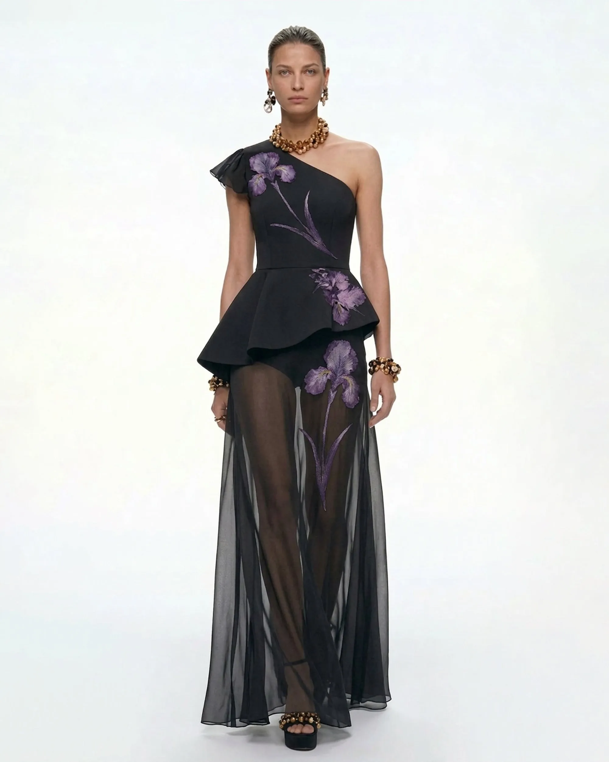 Floral One Shoulder Sheer Dress - Black sold by JW PEI