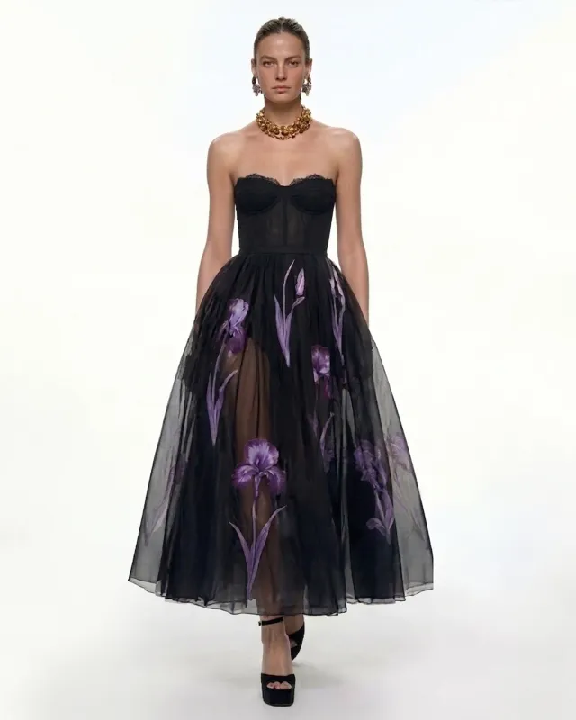 Floral Mesh Strapless Dress - Black made by JW PEI