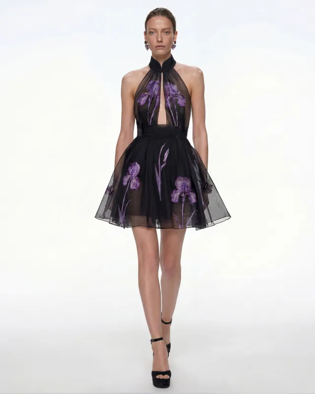 Sheer Floral Halter Mini Dress - Black made by JW PEI