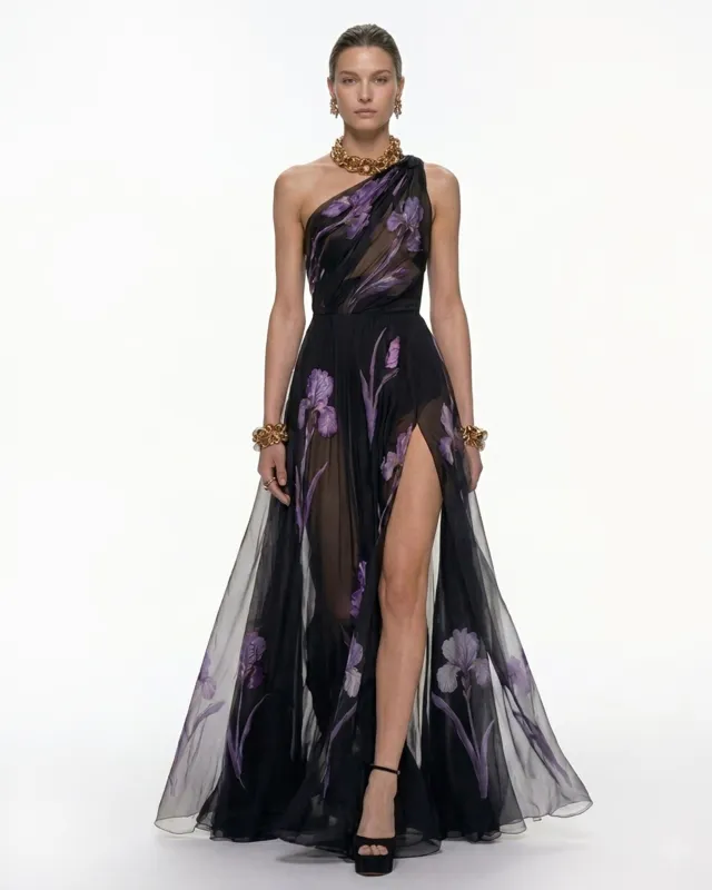 Floral One Shoulder Maxi Dress - Black made by JW PEI