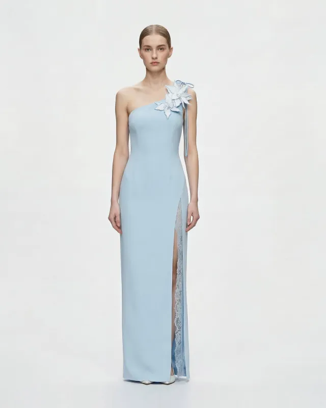 Floral One Shoulder Split Maxi Dress - Light Blue made by JW PEI