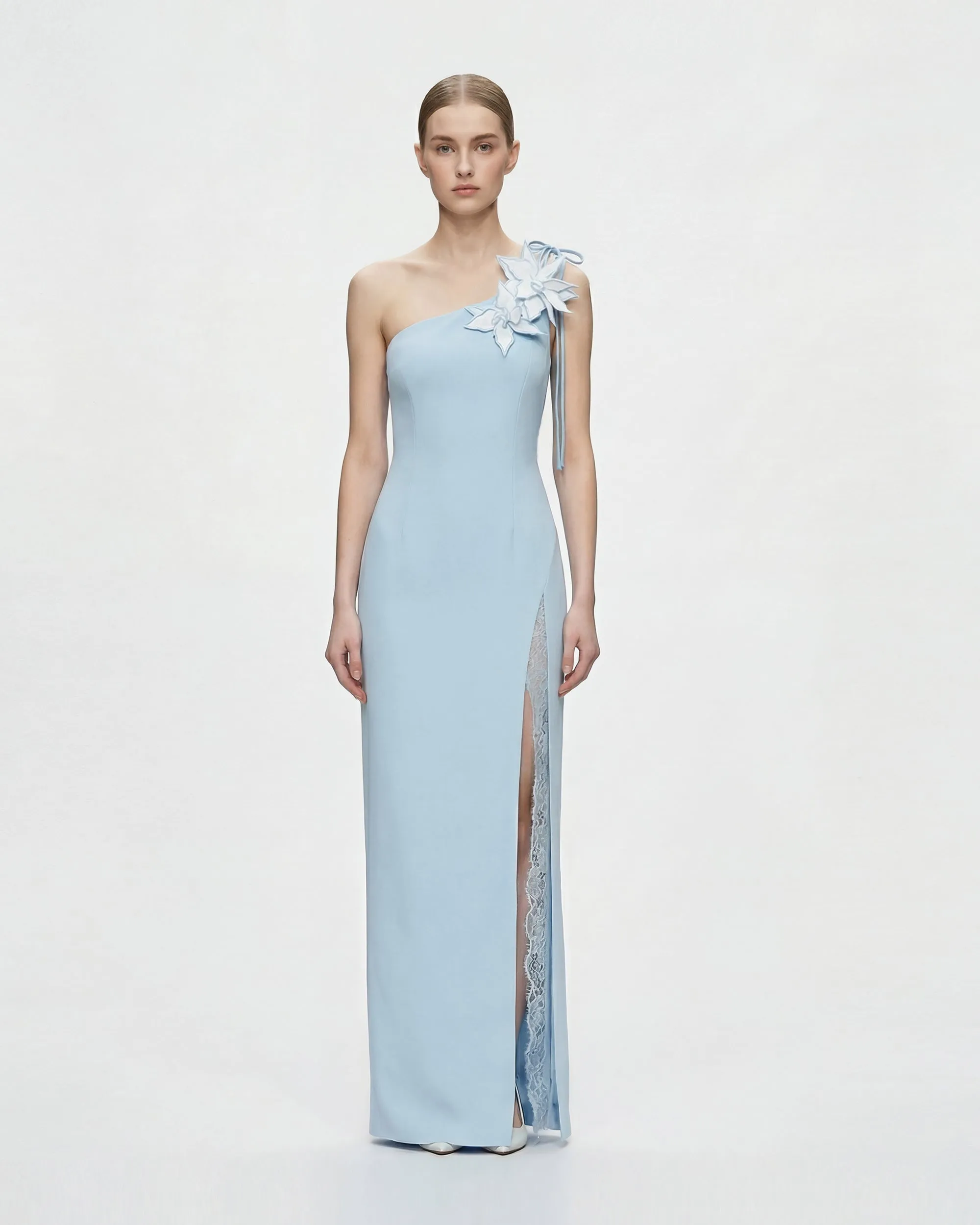 Floral One Shoulder Split Maxi Dress - Light Blue sold by JW PEI