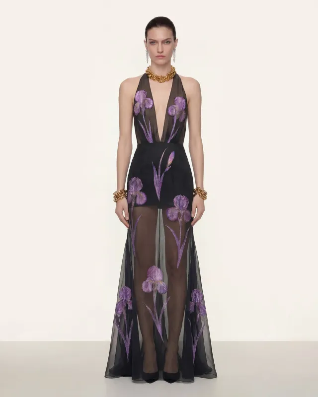 Sheer Floral Halter Maxi Dress - Black made by JW PEI