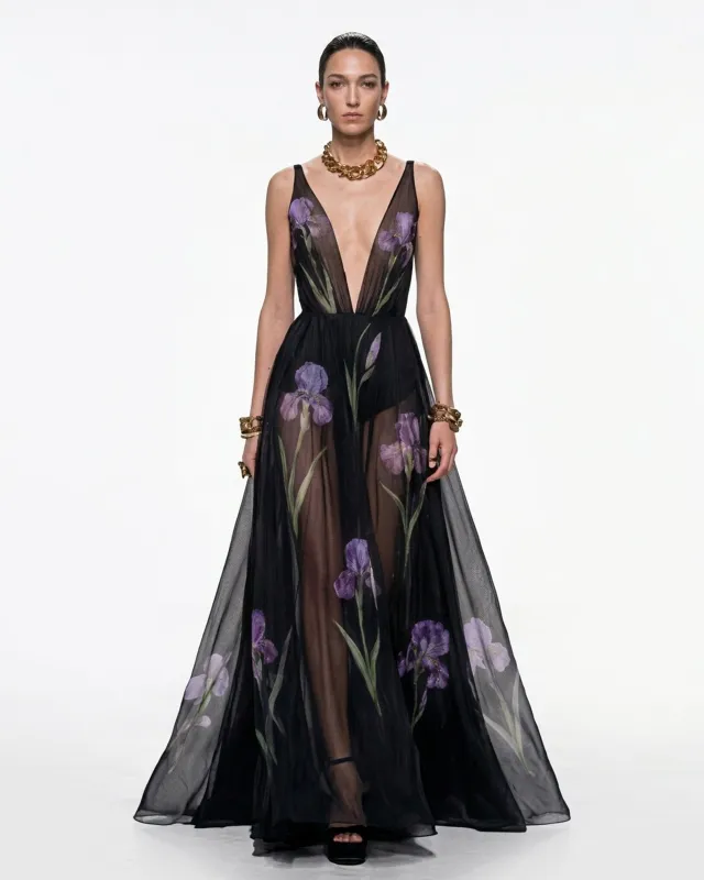Sheer Floral Print Maxi Dress - Black made by JW PEI