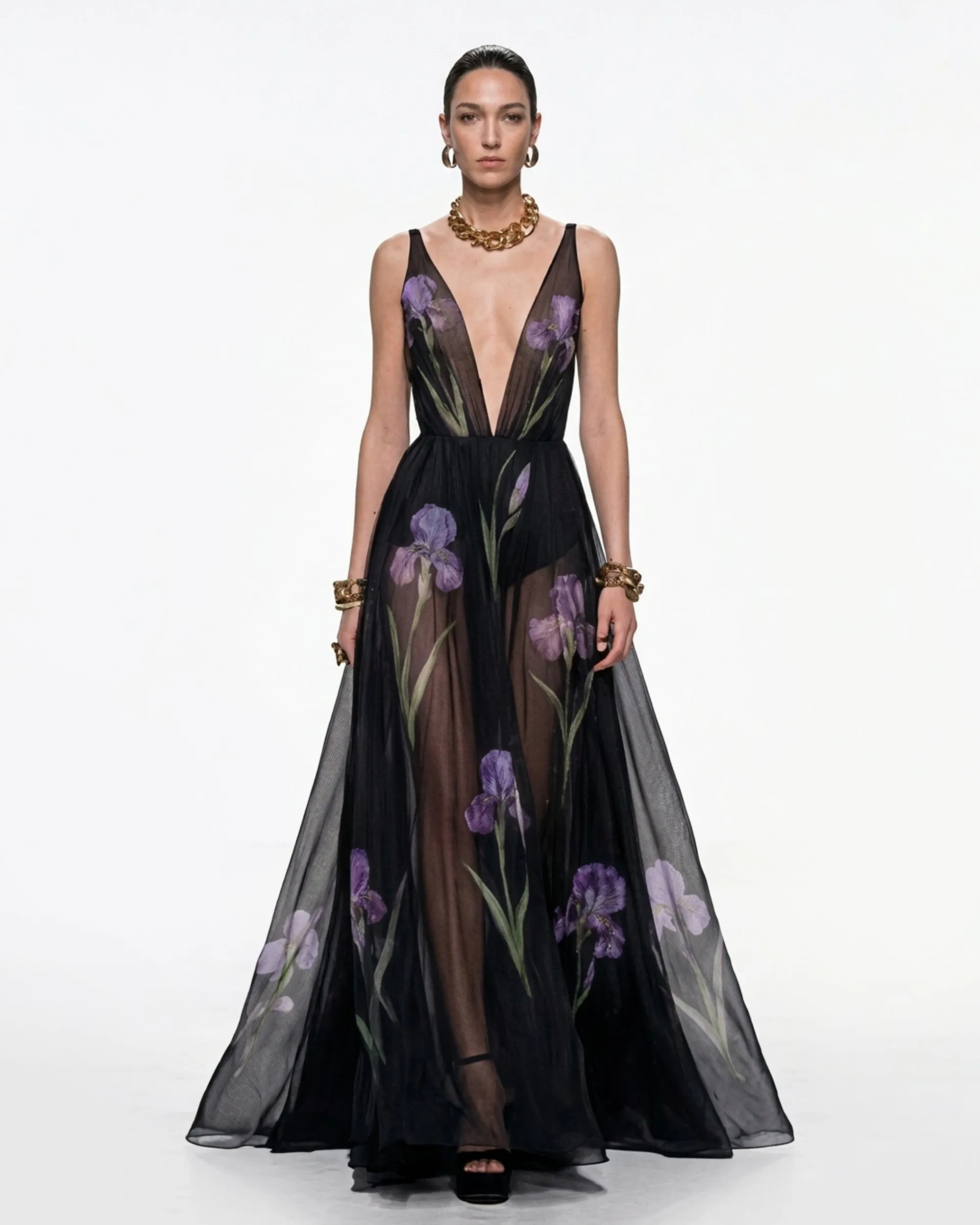 Sheer Floral Print Maxi Dress - Black sold by JW PEI