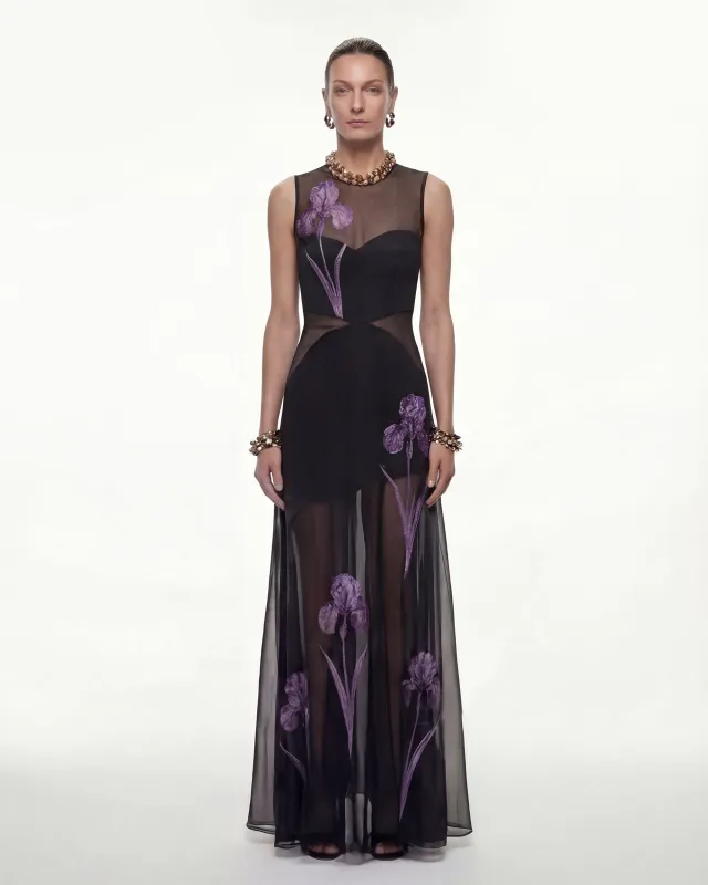Sheer Floral Print Paneled Maxi Dress - Black made by JW PEI