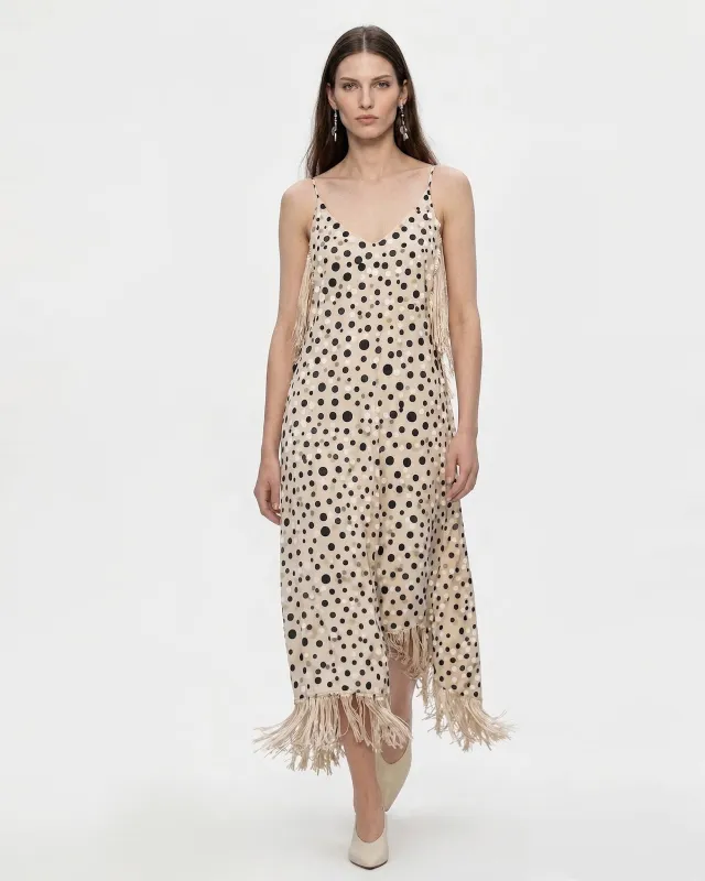 Polka Dot Fringe Dress - Beige Black made by JW PEI