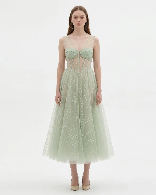 Polka Dot Tulle Midi Dress - Light Green made by JW PEI