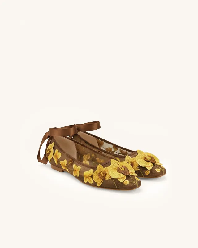 Emily Floral Ballerina Flats - Brown made by JW PEI