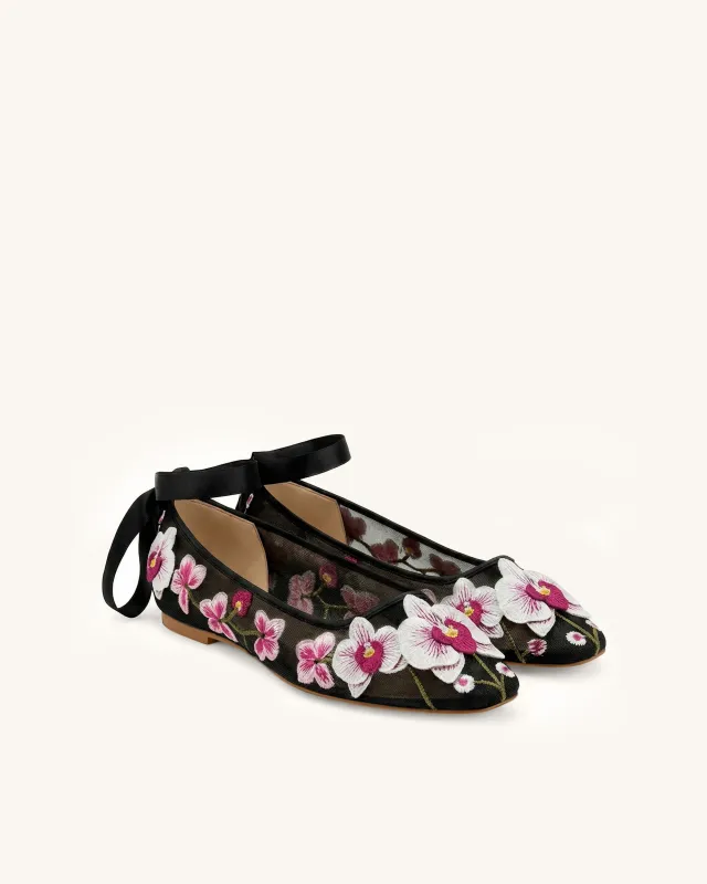 Emily Floral Ballerina Flats - Black made by JW PEI
