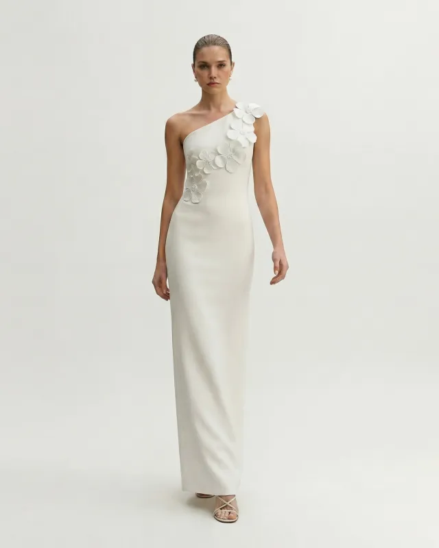 3D Appliqué One Shoulder Dress - White made by JW PEI