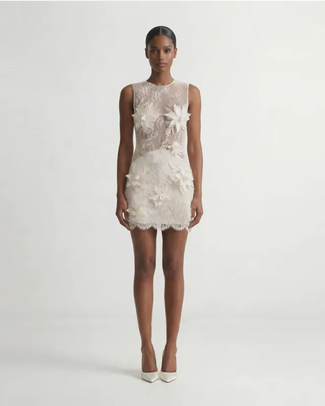 Floral Appliqué Lace Mini Dress - White made by JW PEI