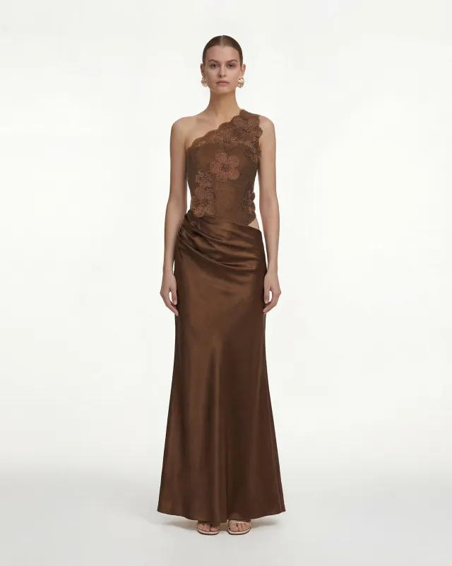 Floral One Shoulder Satin Dress - Brown made by JW PEI