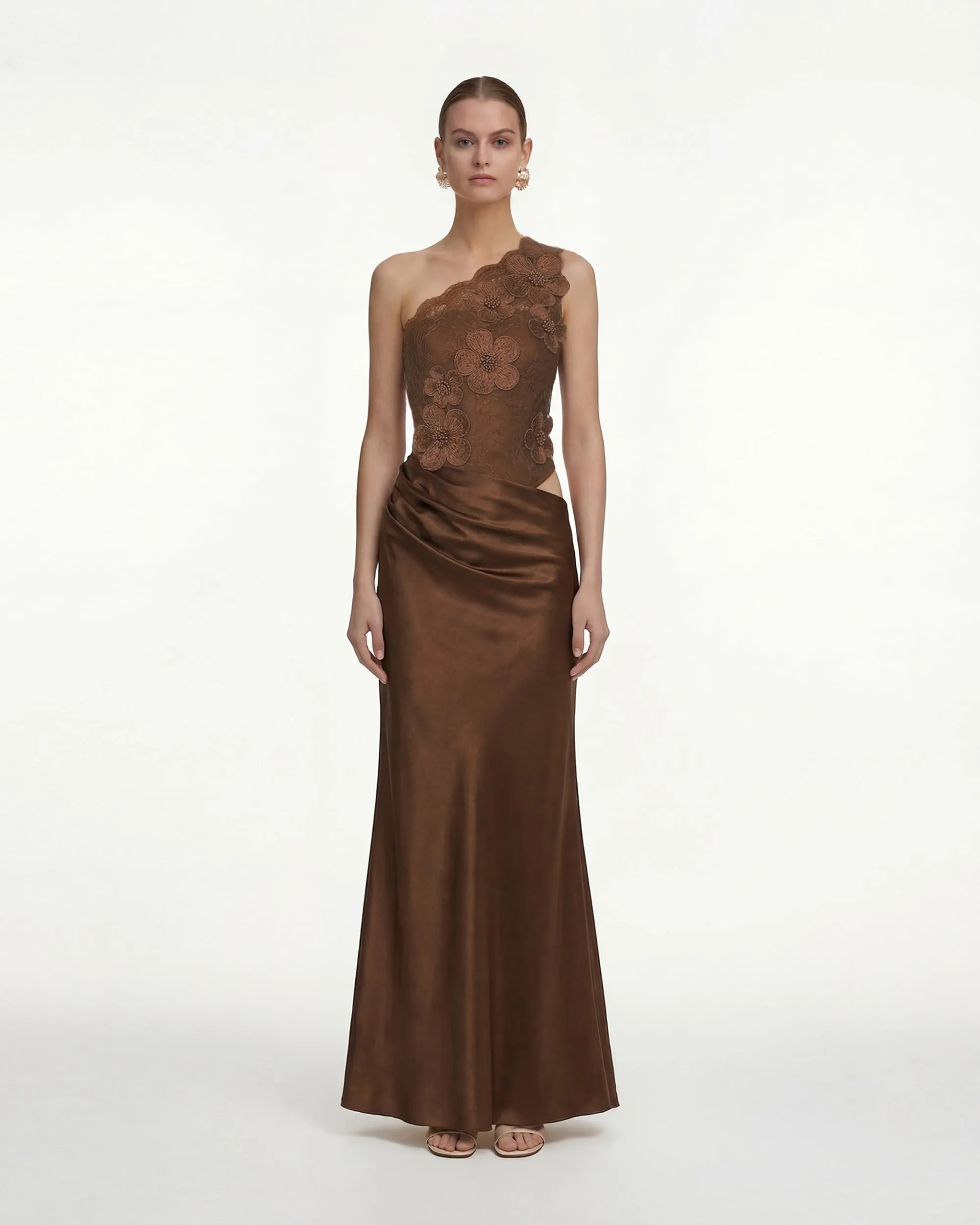 Floral One Shoulder Satin Dress - Brown sold by JW PEI