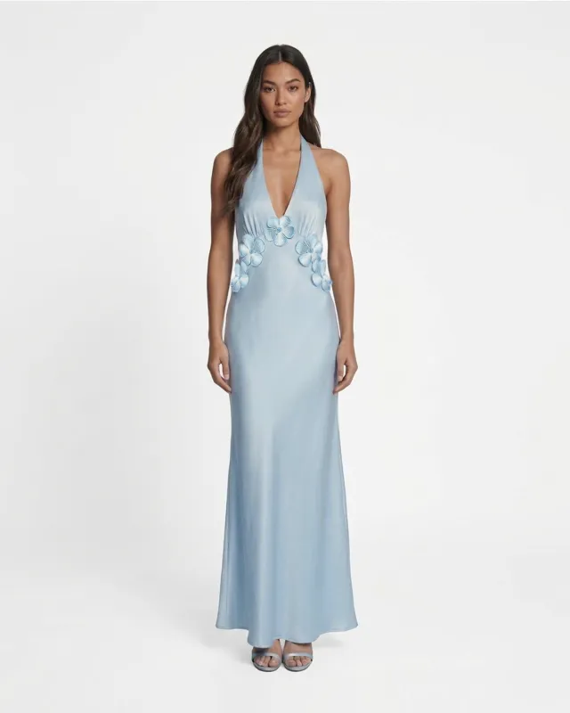 Floral Appliqué Halter Maxi Dress - Light Blue made by JW PEI