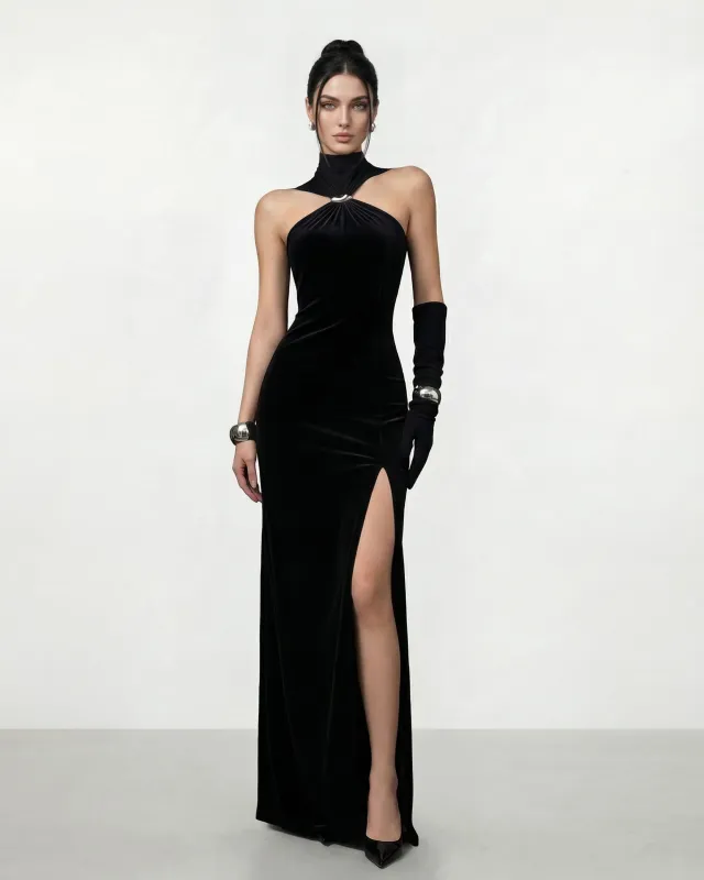 Halter Neck High Slit Dress - Black made by JW PEI