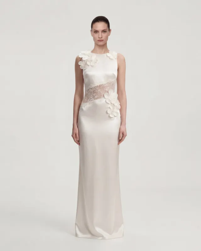 Floral Appliqué Lace Panel Dress - Ivory made by JW PEI