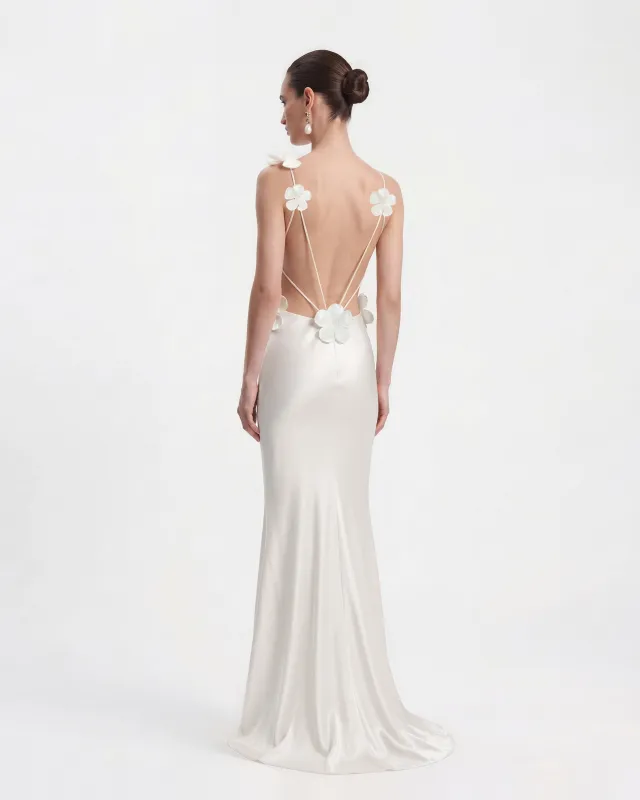 3D Floral Appliqué Satin Dress - White made by JW PEI