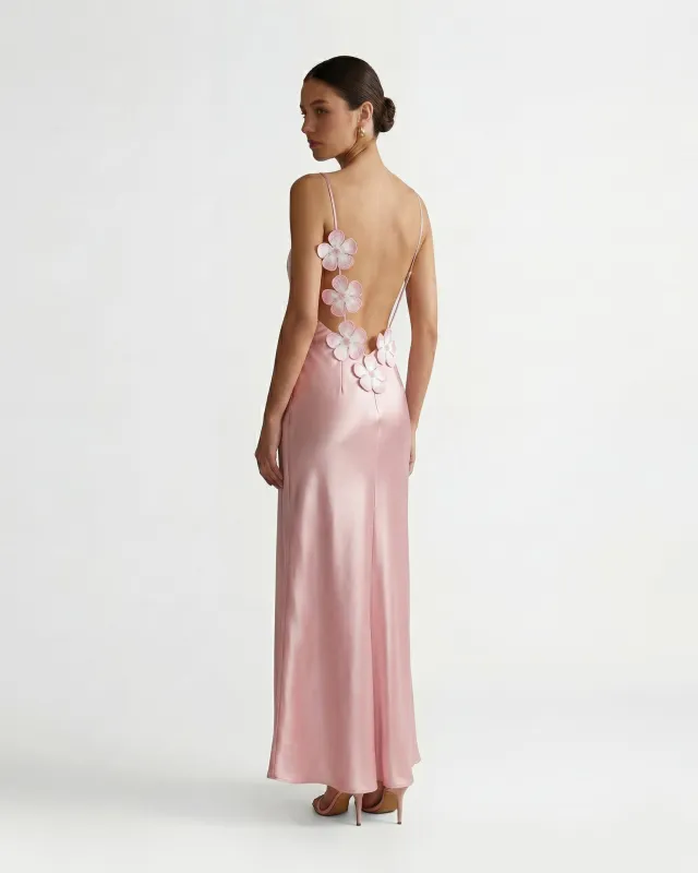 Floral Appliqué Satin Dress - Light Pink made by JW PEI