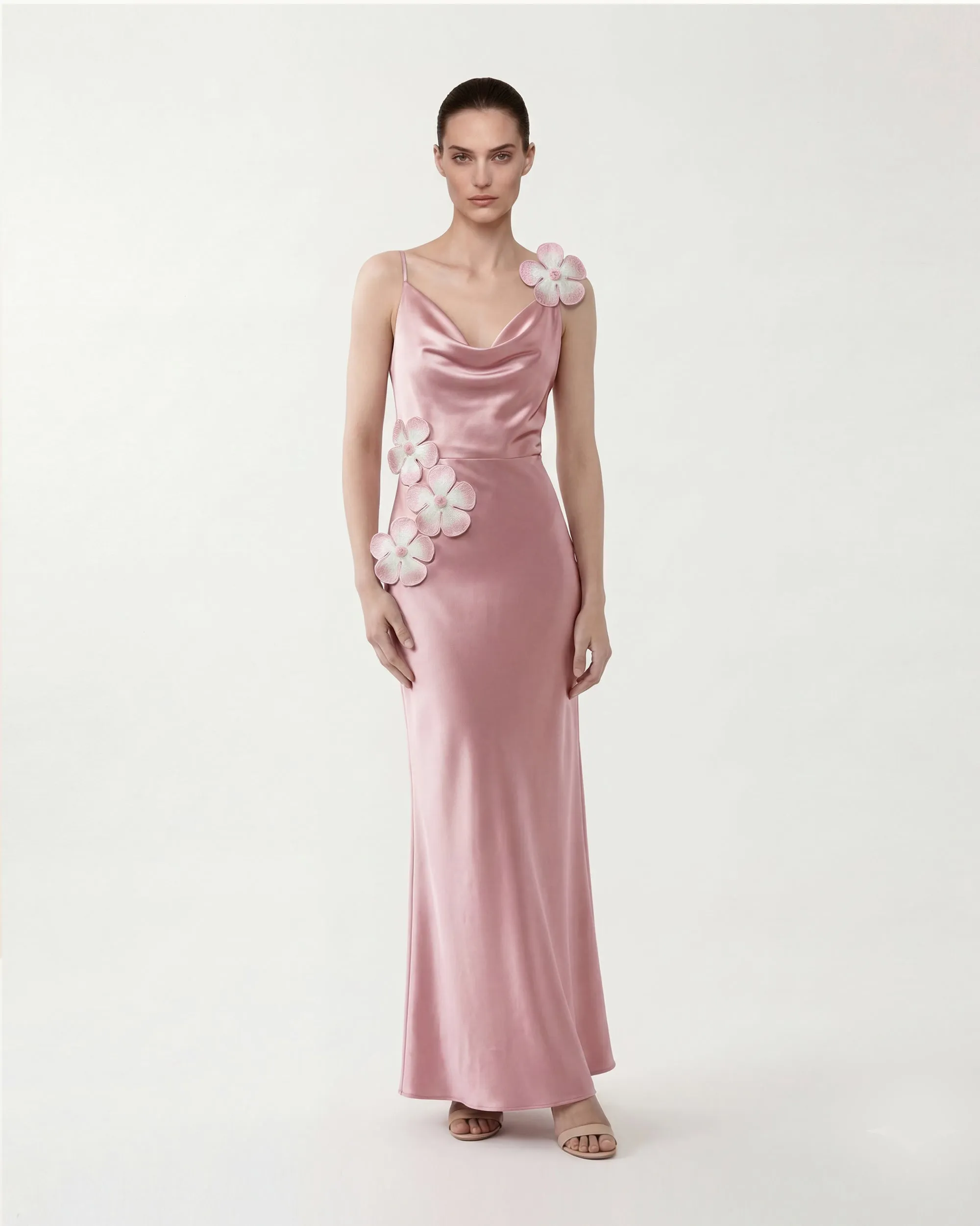 Floral Appliqué Satin Maxi Dress - Pink sold by JW PEI