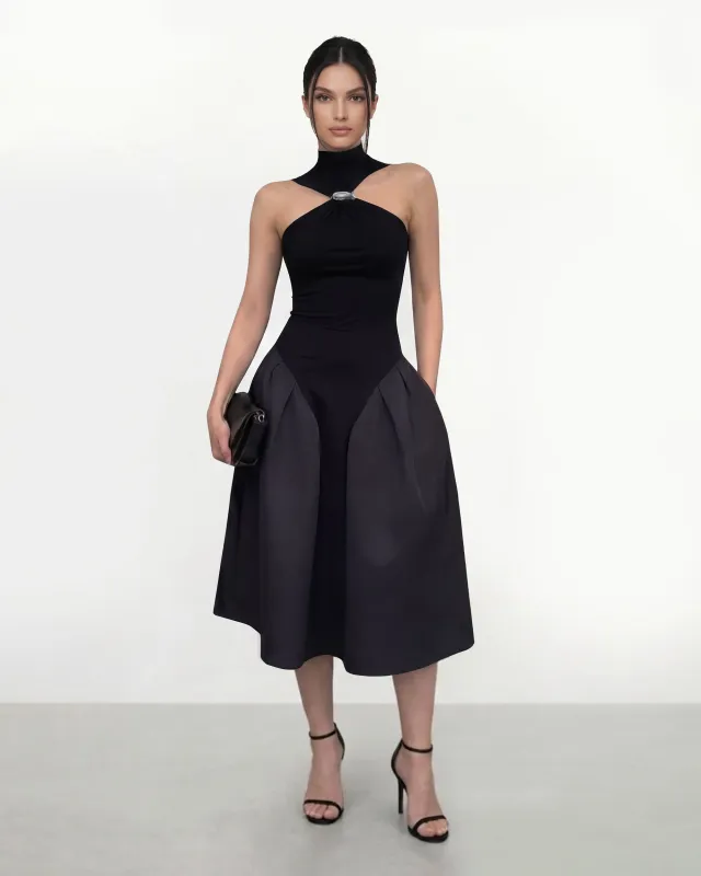 Halterneck Paneled Midi Dress - Black made by JW PEI