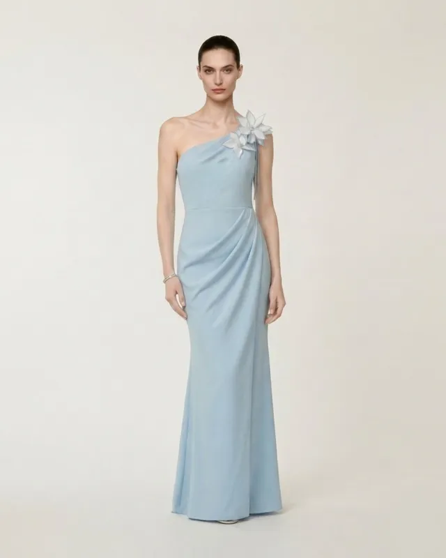 One Shoulder Floral Maxi Dress - Light Blue made by JW PEI