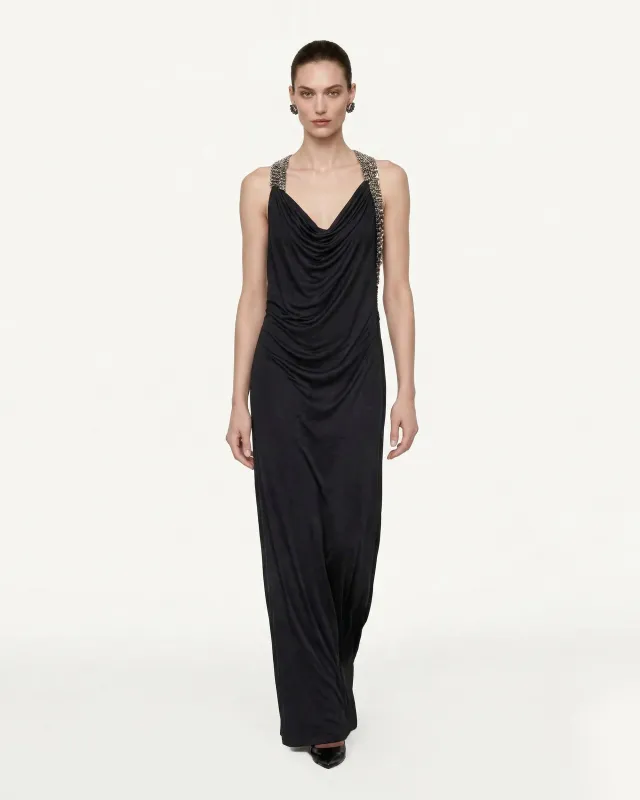 Embellished Strap Draped Maxi Dress - Black made by JW PEI