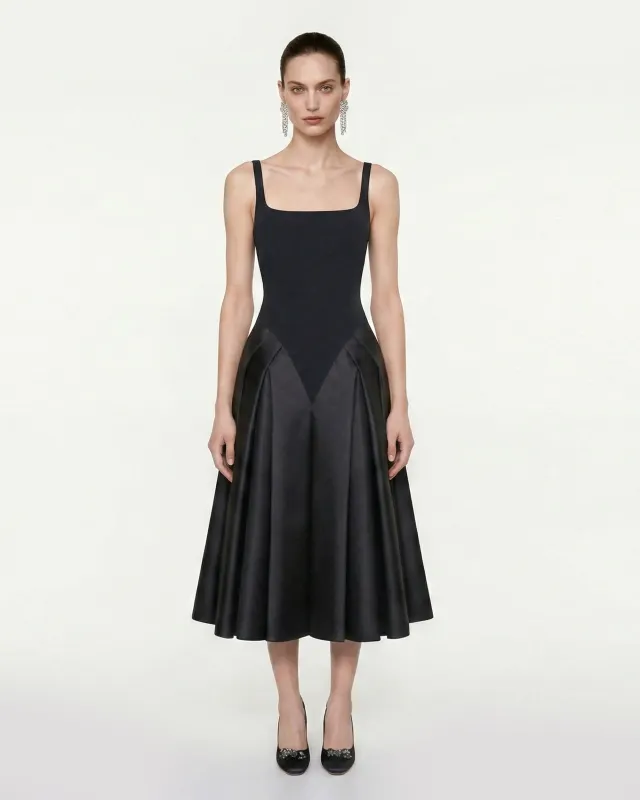 Square Neck Paneled Midi Dress - Black made by JW PEI