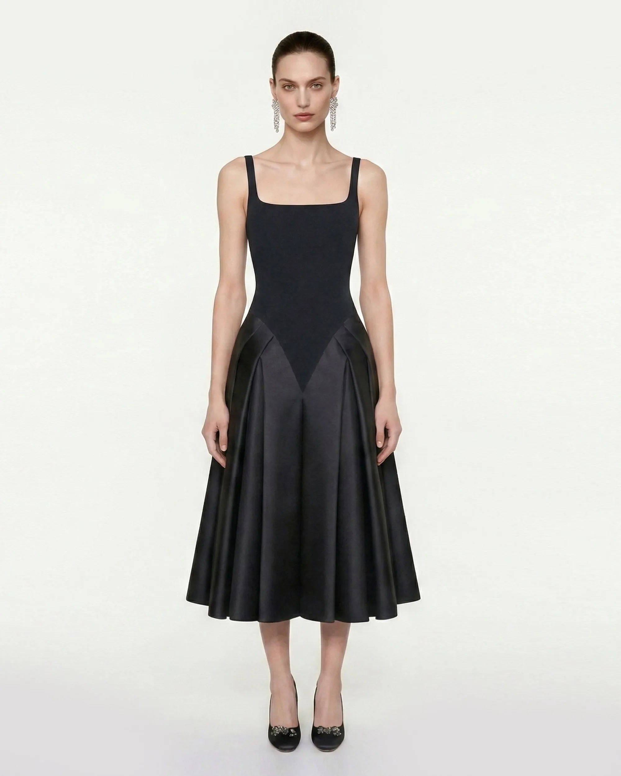 Square Neck Paneled Midi Dress - Black sold by JW PEI