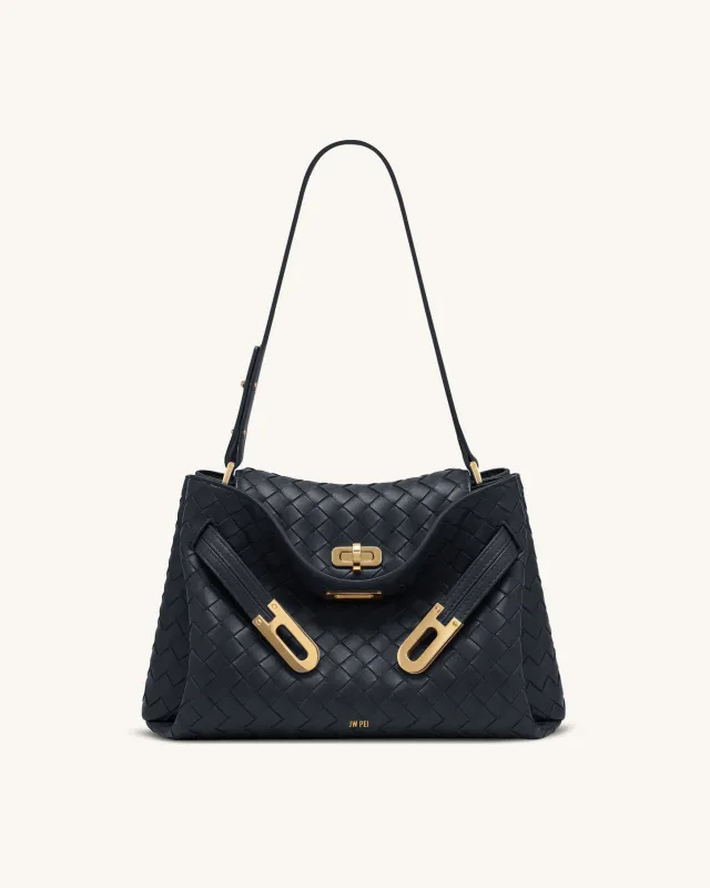 Rhea Woven Texture Double Buckle Shoulder Bag - Navy Blue made by JW PEI