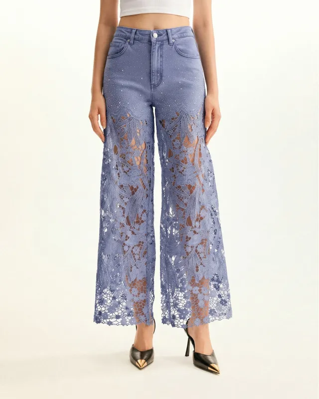 High-Rise Rhinestone Lace Wide-Leg Jeans - Hyacinth made by JW PEI