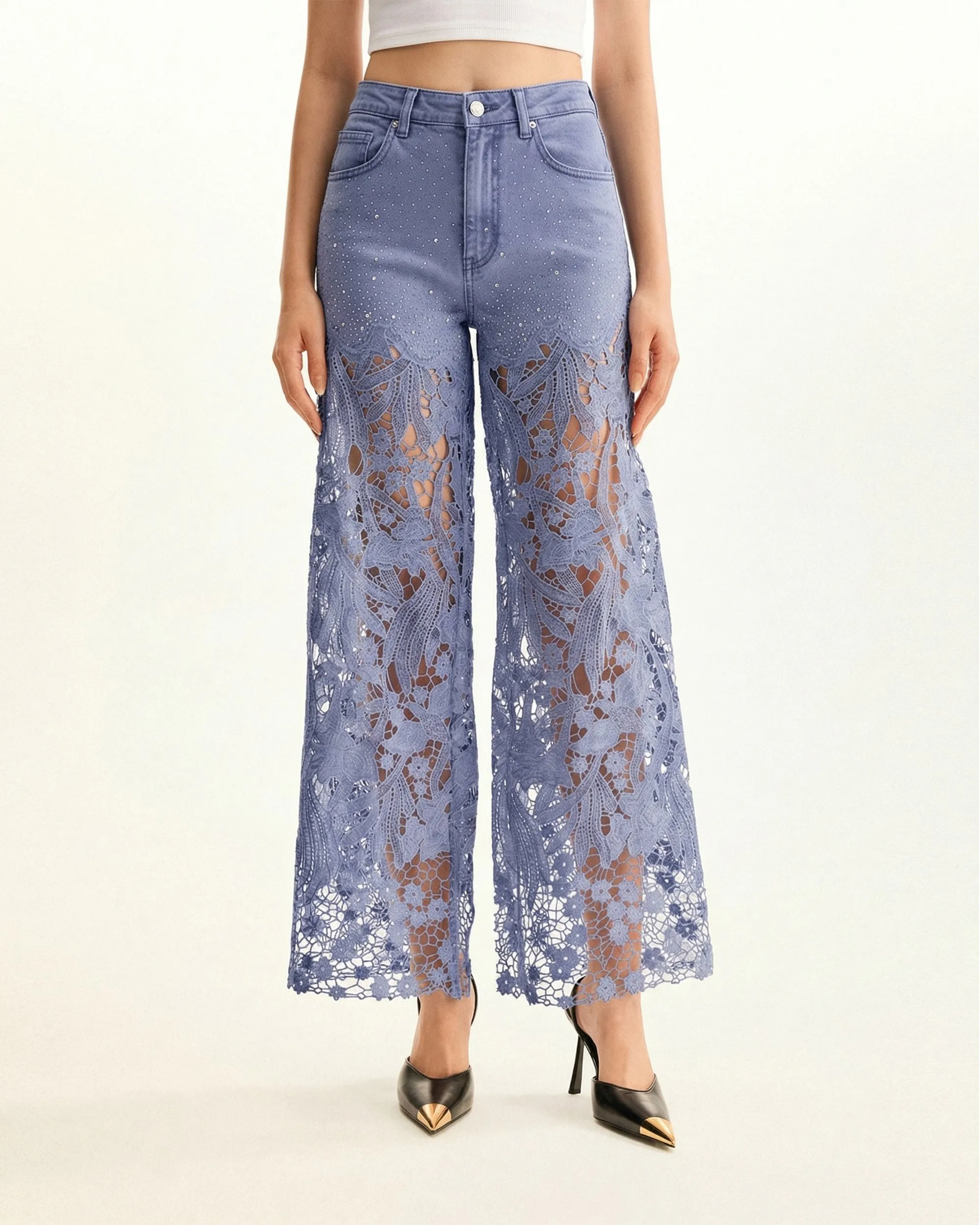 High-Rise Rhinestone Lace Wide-Leg Jeans - Hyacinth sold by JW PEI