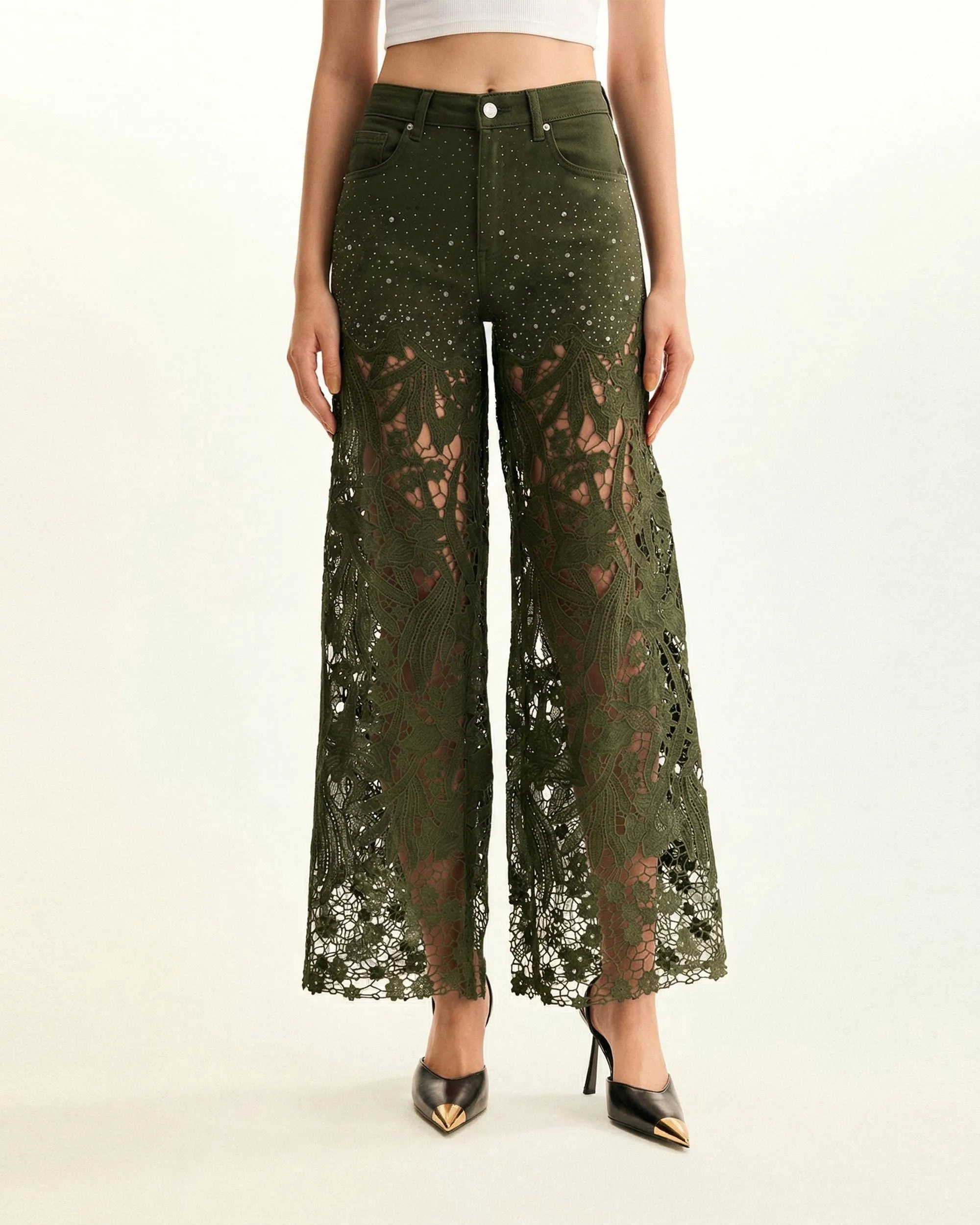 High-Rise Rhinestone Lace Wide-Leg Jeans - Army Green sold by JW PEI