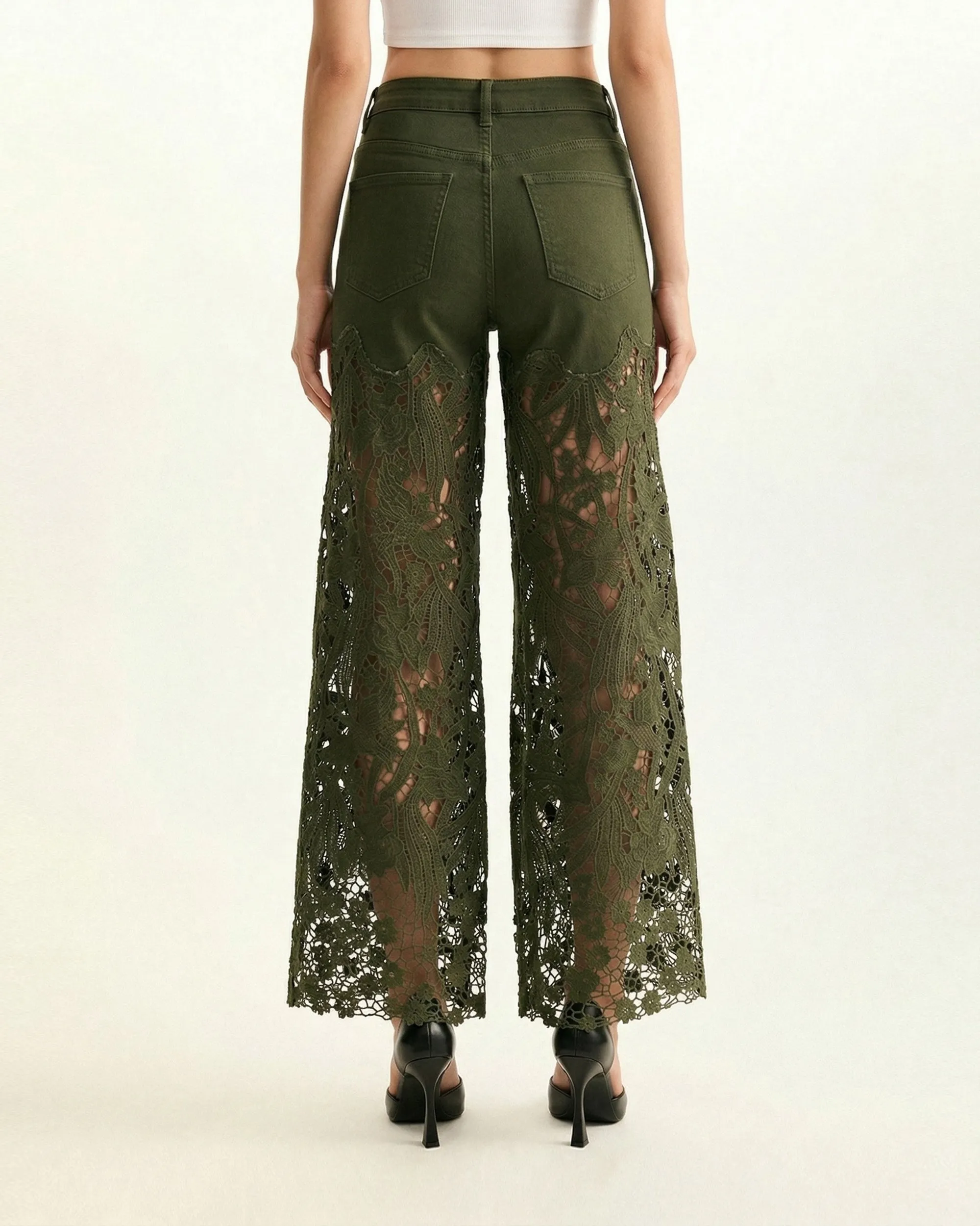 High-Rise Rhinestone Lace Wide-Leg Jeans - Army Green sold by JW PEI product image thumbnail 2