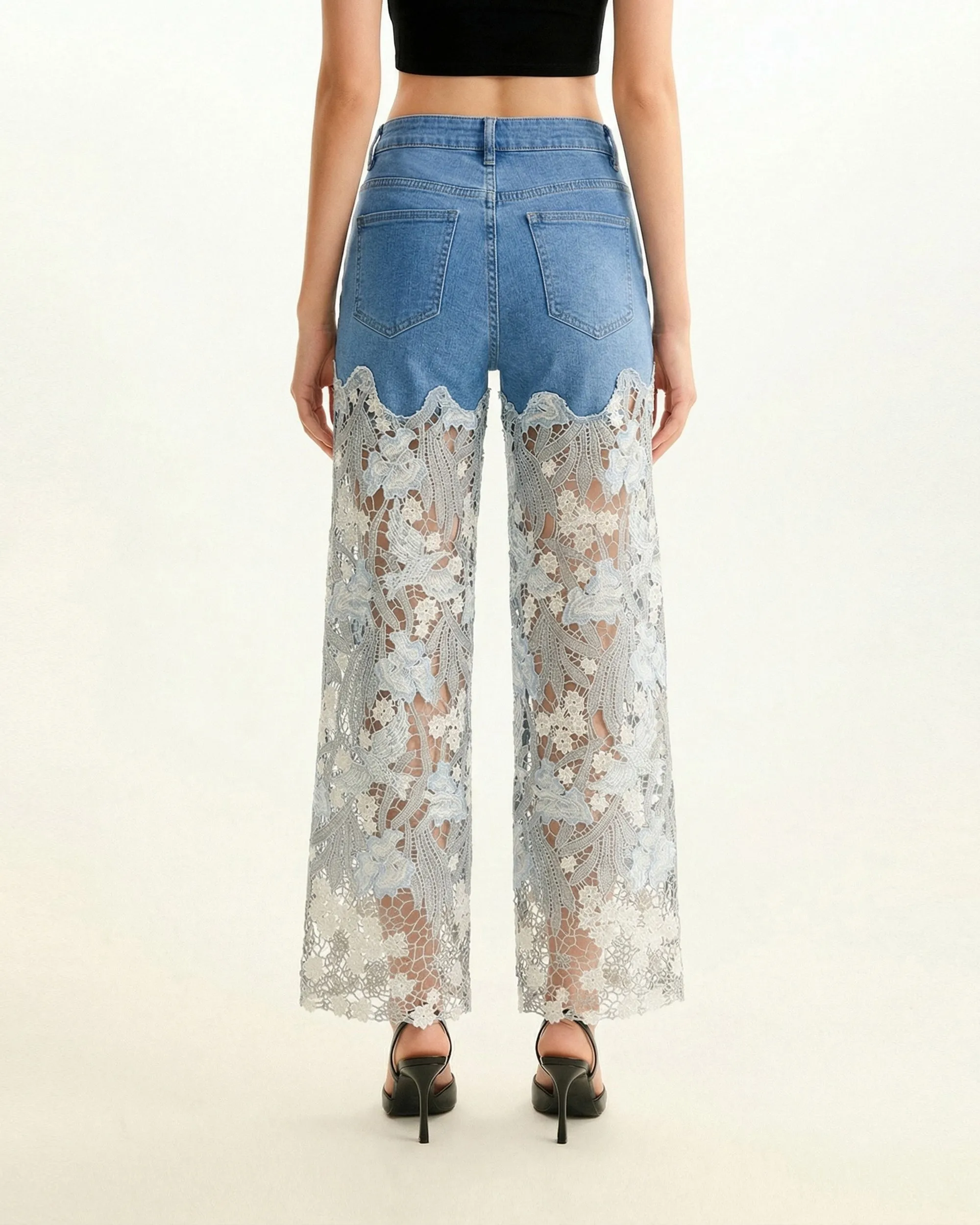 High-Rise Rhinestone Lace Wide-Leg Jeans - Medium Blue sold by JW PEI product image thumbnail 2