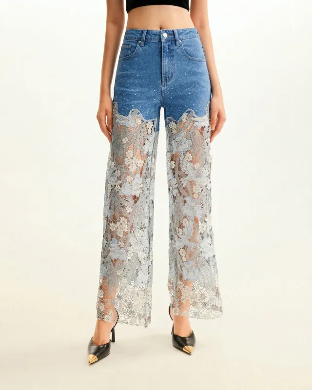 High-Rise Rhinestone Lace Wide-Leg Jeans - Medium Blue made by JW PEI