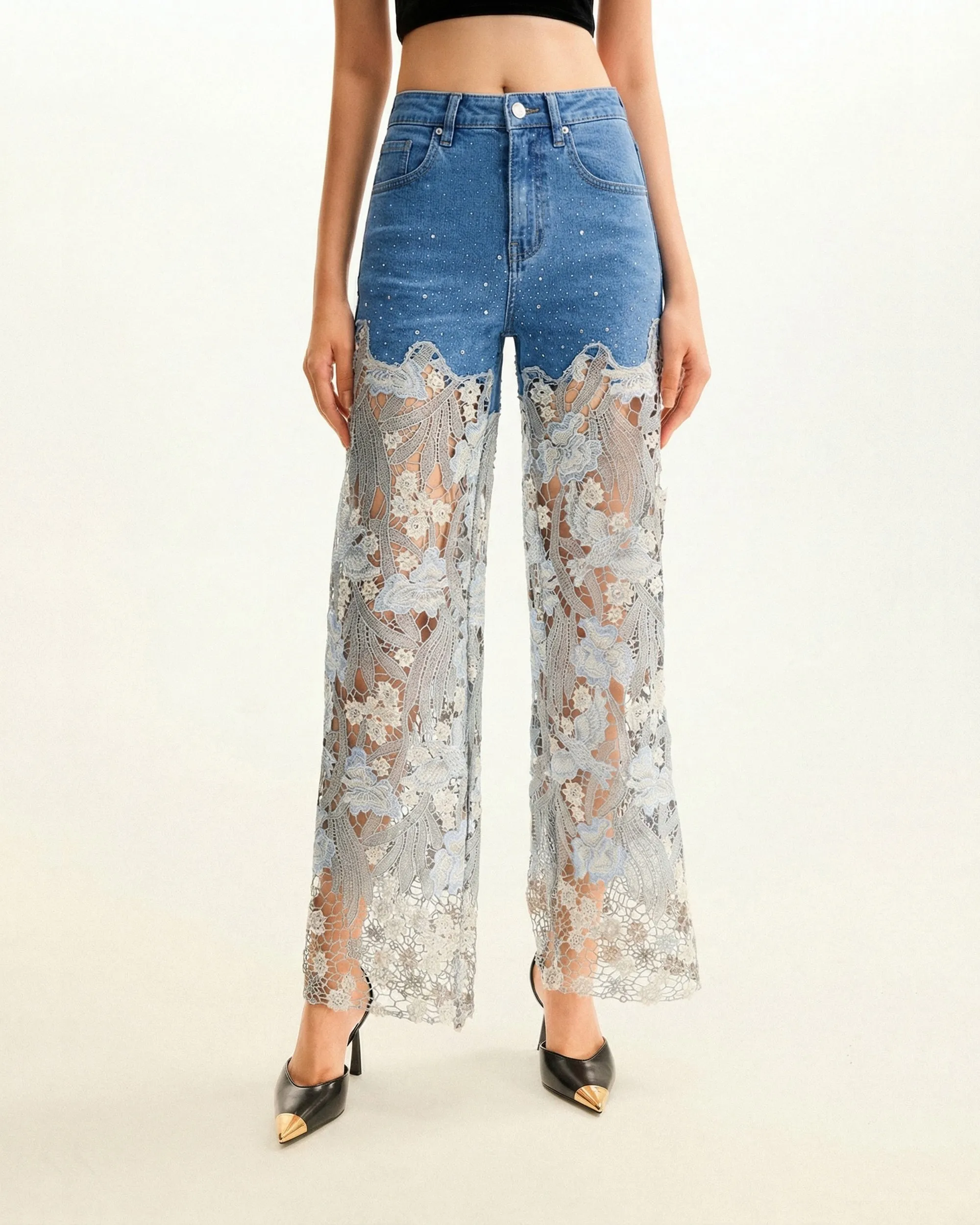 High-Rise Rhinestone Lace Wide-Leg Jeans - Medium Blue sold by JW PEI