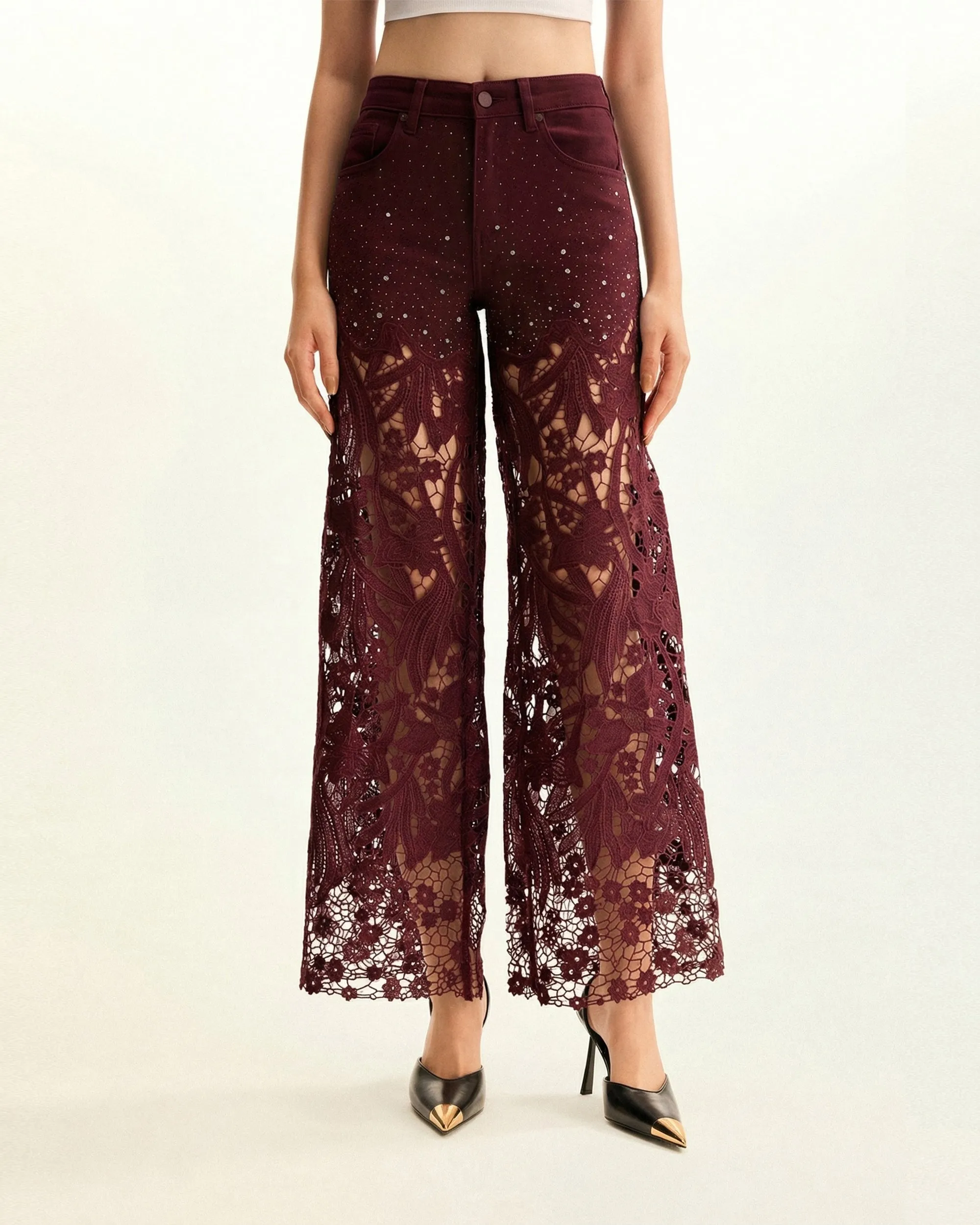 High-Rise Rhinestone Lace Wide-Leg Jeans - Burgundy sold by JW PEI