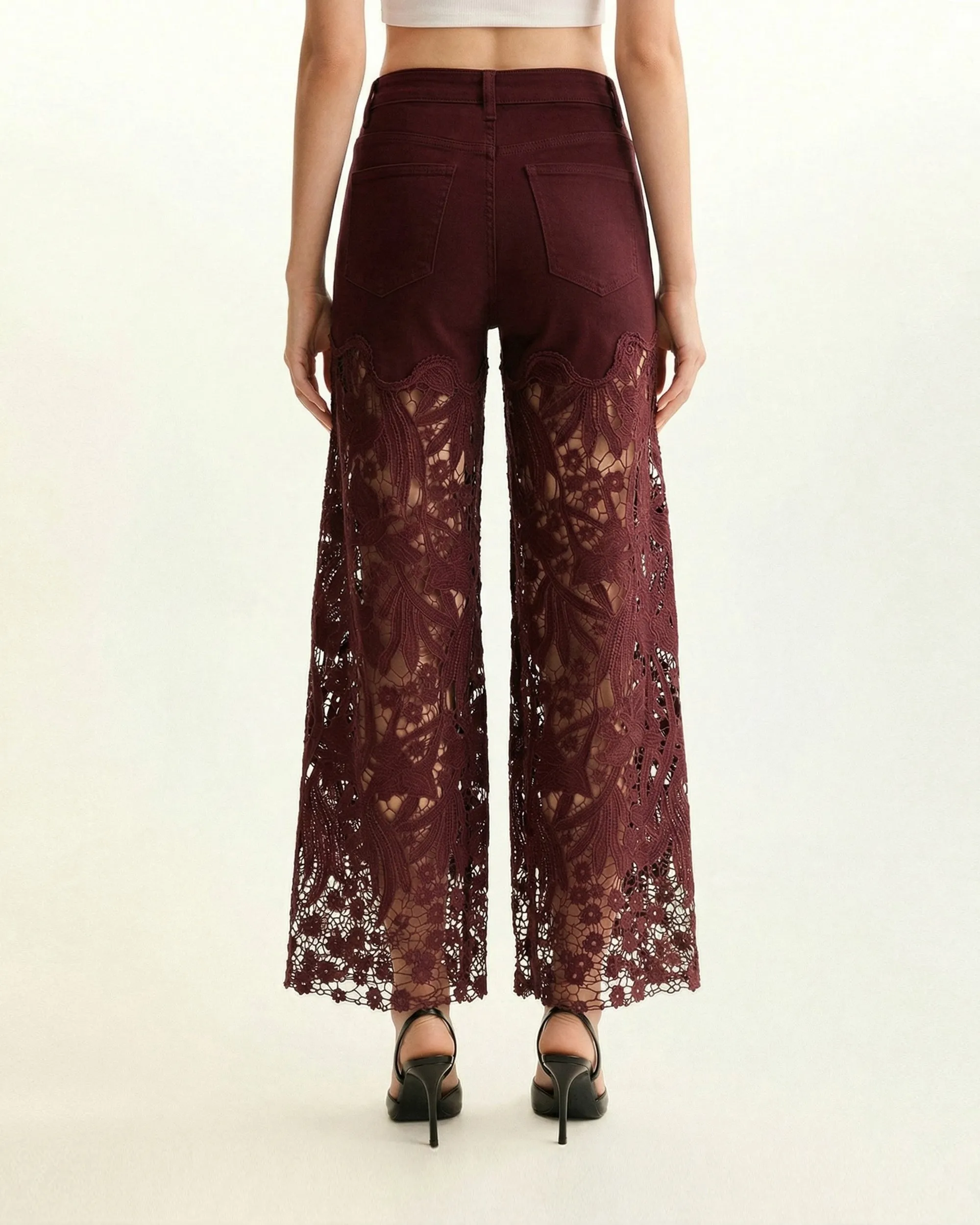 High-Rise Rhinestone Lace Wide-Leg Jeans - Burgundy sold by JW PEI product image thumbnail 2