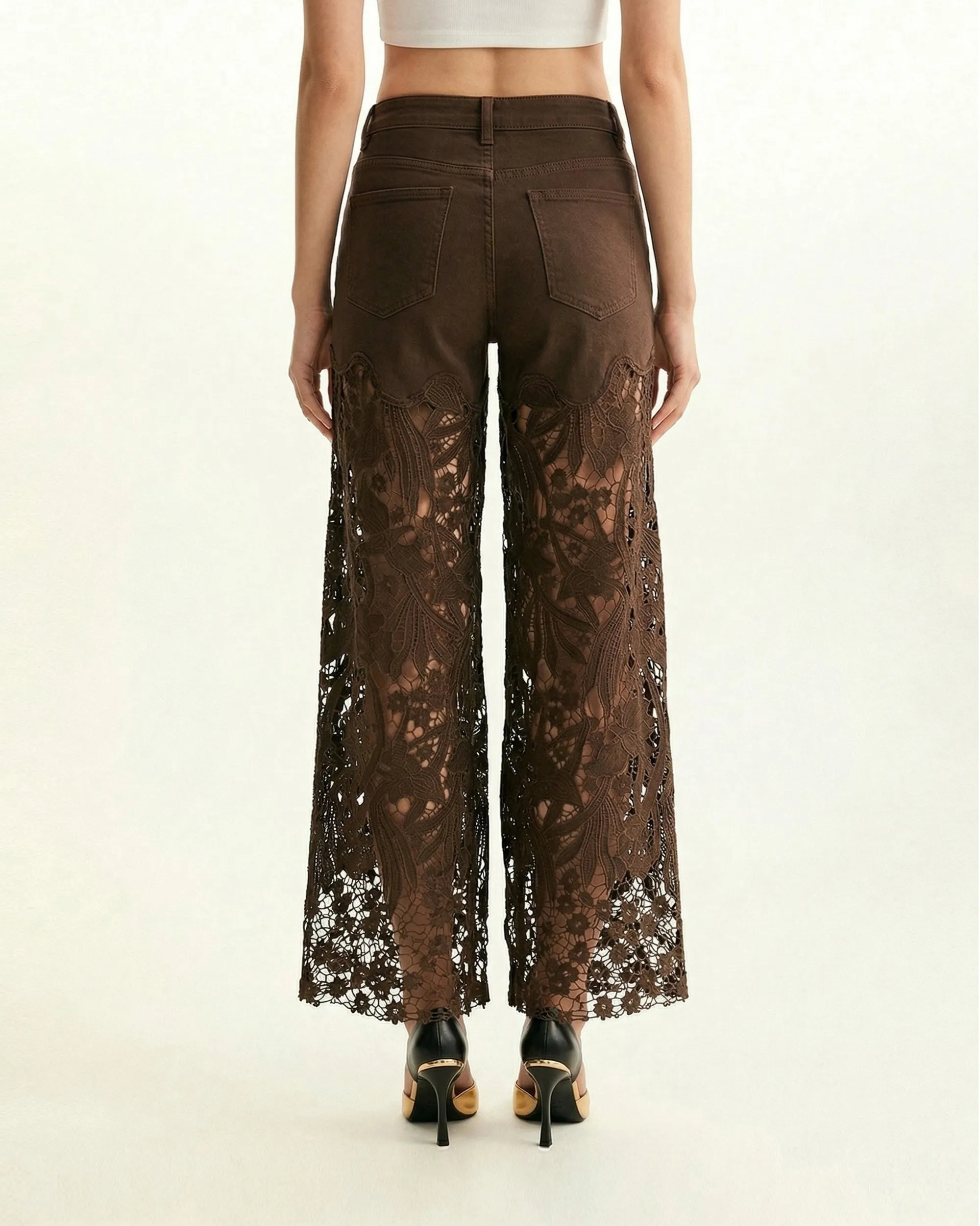 High-Rise Rhinestone Lace Wide-Leg Jeans - Coffee Color sold by JW PEI product image thumbnail 2