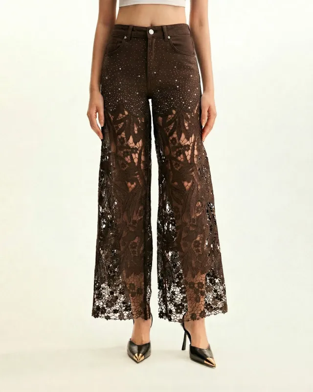 High-Rise Rhinestone Lace Wide-Leg Jeans - Coffee Color made by JW PEI