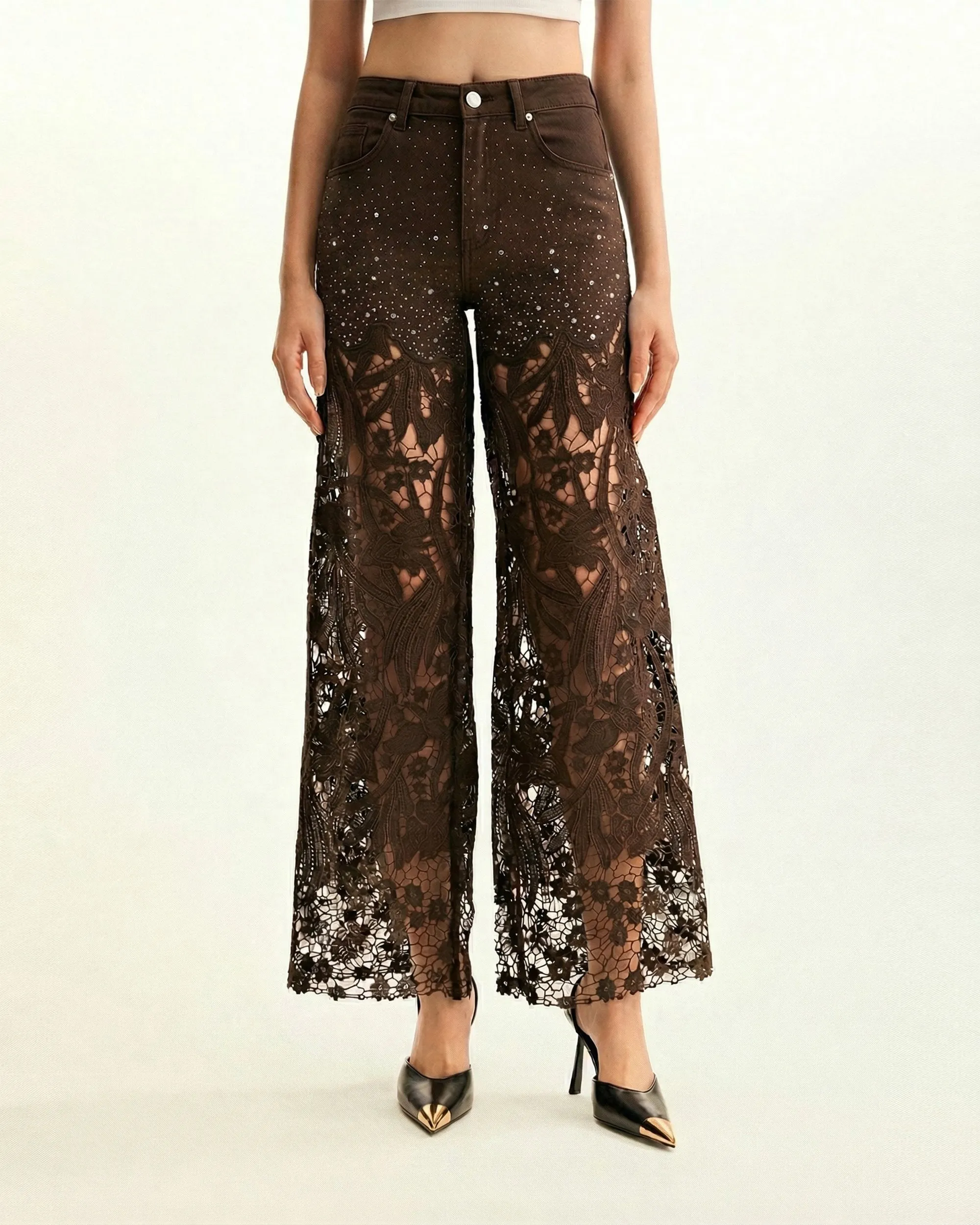 High-Rise Rhinestone Lace Wide-Leg Jeans - Coffee Color sold by JW PEI