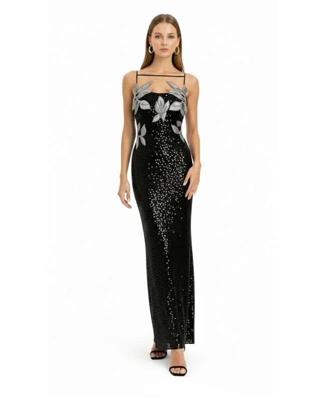 Araminta Sequined Gown with Floral Details - Black/Silver made by JW PEI