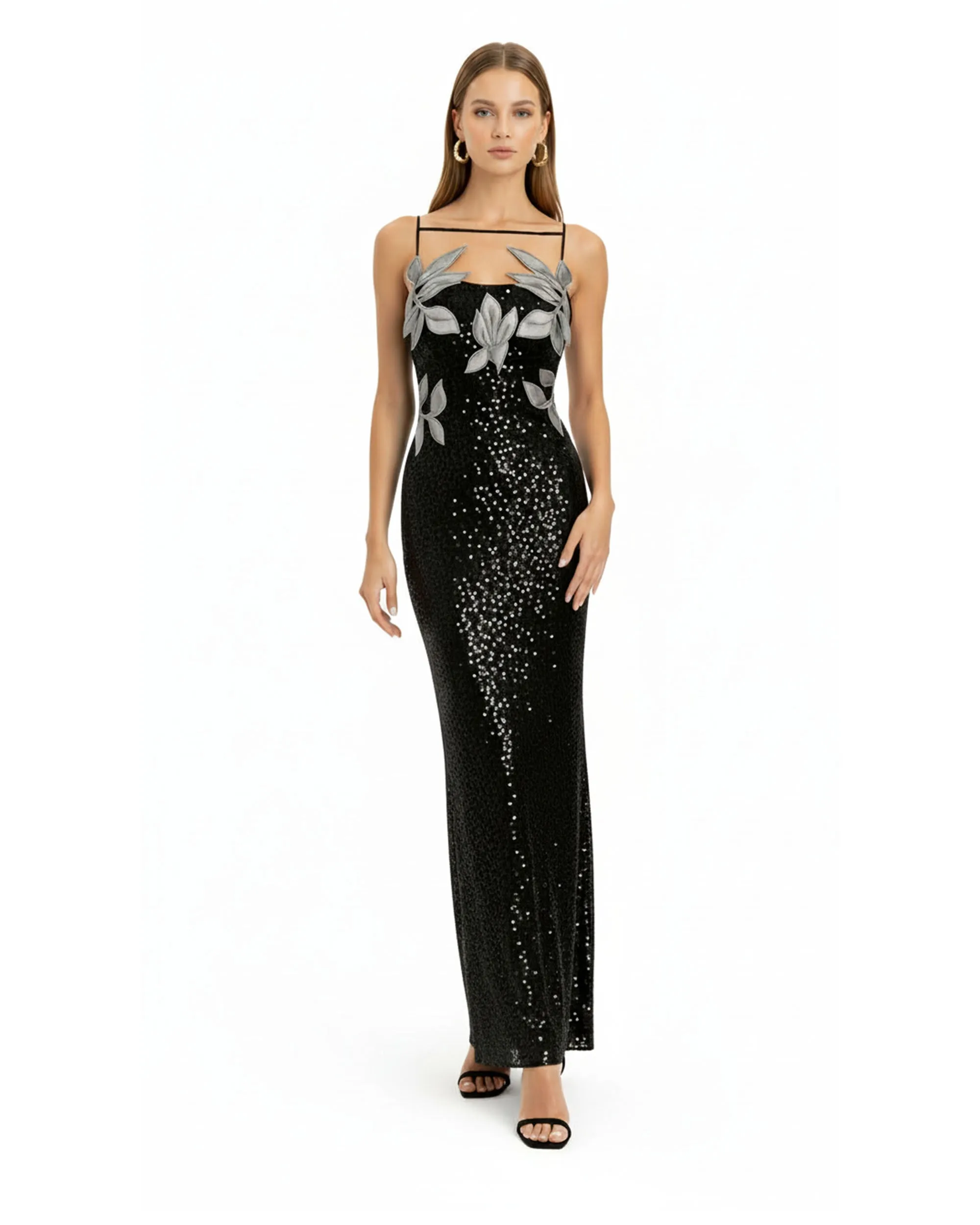Araminta Sequined Gown with Floral Details - Black/Silver sold by JW PEI